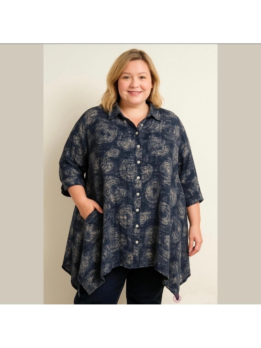 Belma New York Vintage 90s Blue White Spiral Button Tunic Top One Size Plus